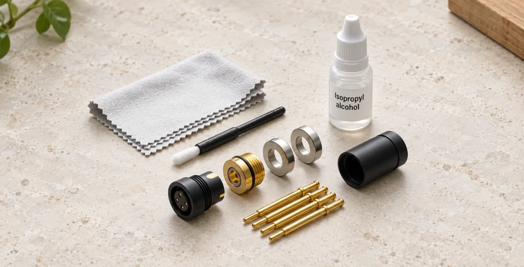 Connector cleaning concept with microfiber cloth, swab, alcohol bottle and separated original parts.