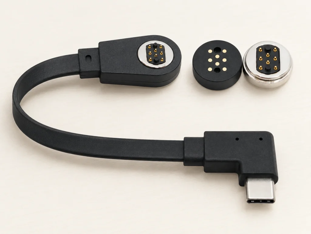 Original eight-contact round flat-cable assembly with L-shaped USB-C termination and matching connector pair.