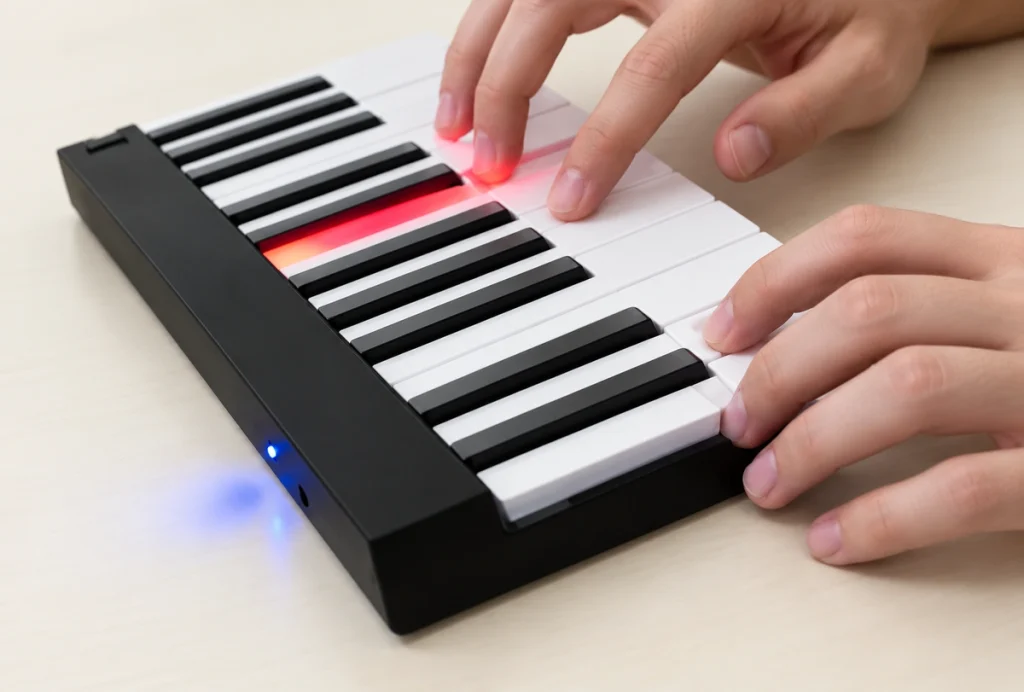 Compact illuminated music keyboard operated by two hands on a light tabletop.