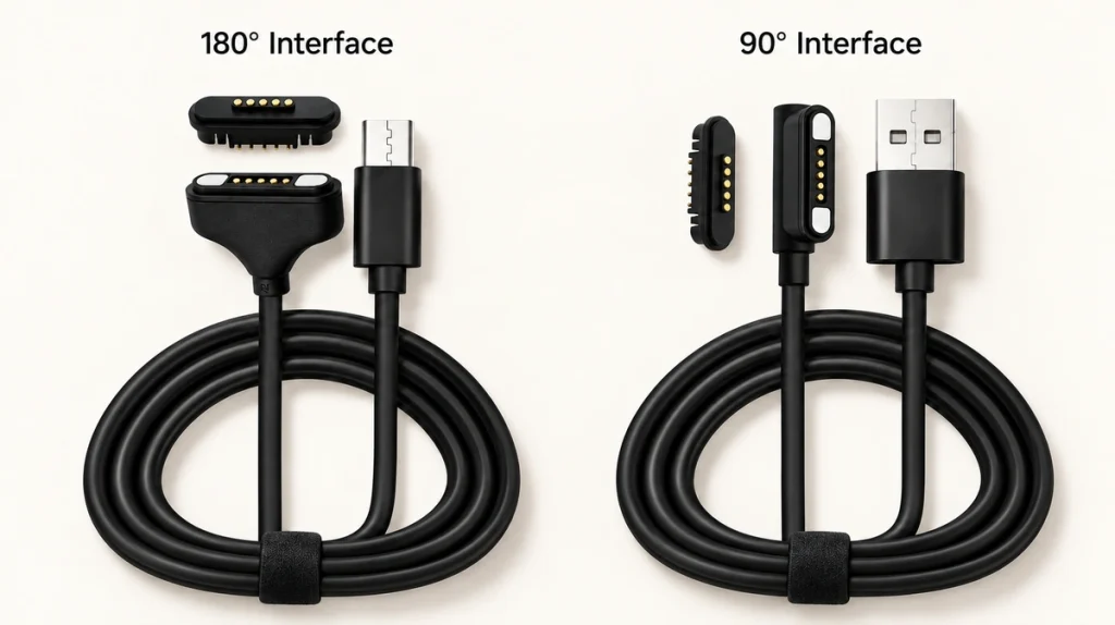 Five-contact magnetic cable heads and matching five-pad PCB receptacles with 180-degree USB-C and 90-degree USB-A termination.