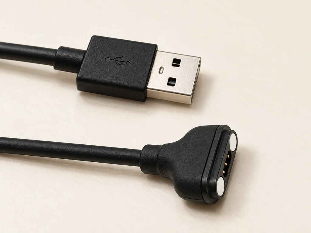 Original black T-shaped magnetic cable head and USB-A termination shown in a sharp oblique macro photograph.