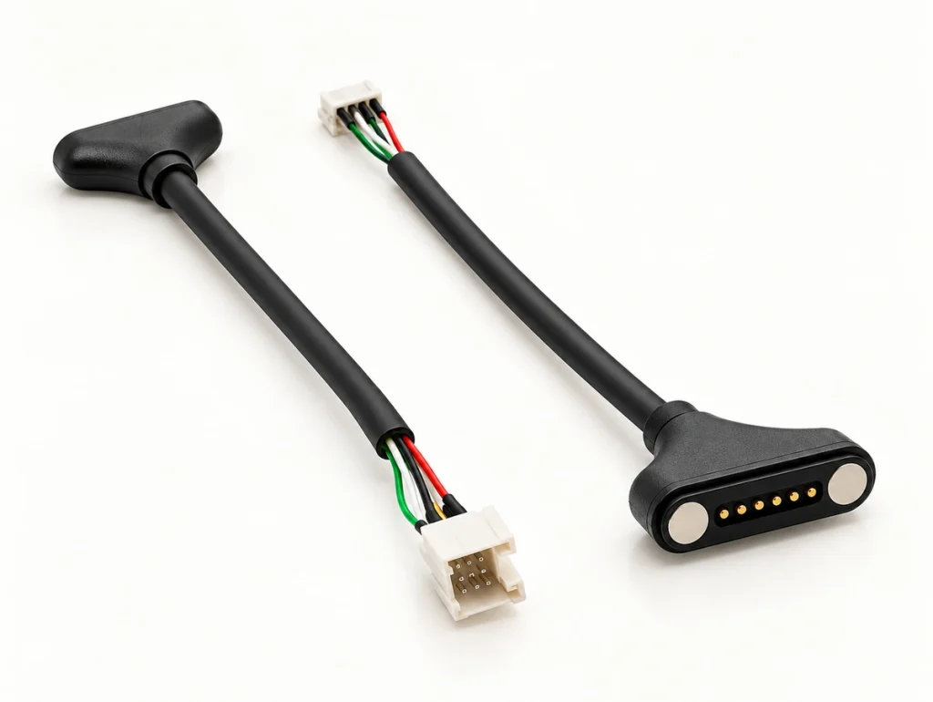 Two original six-contact magnetic wire harnesses with four colored conductors and white terminal connectors.