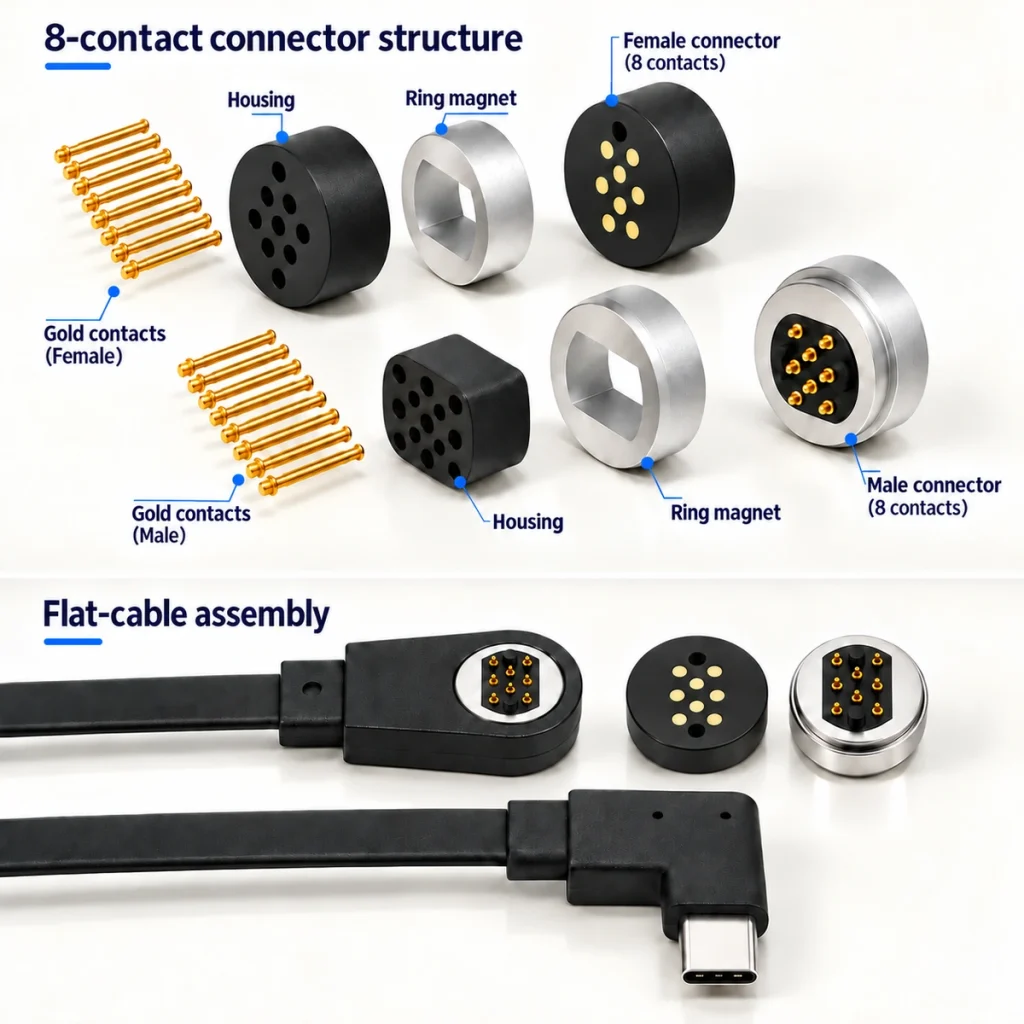 Eight-contact connector components and original flat-cable assembly with L-shaped USB-C termination.