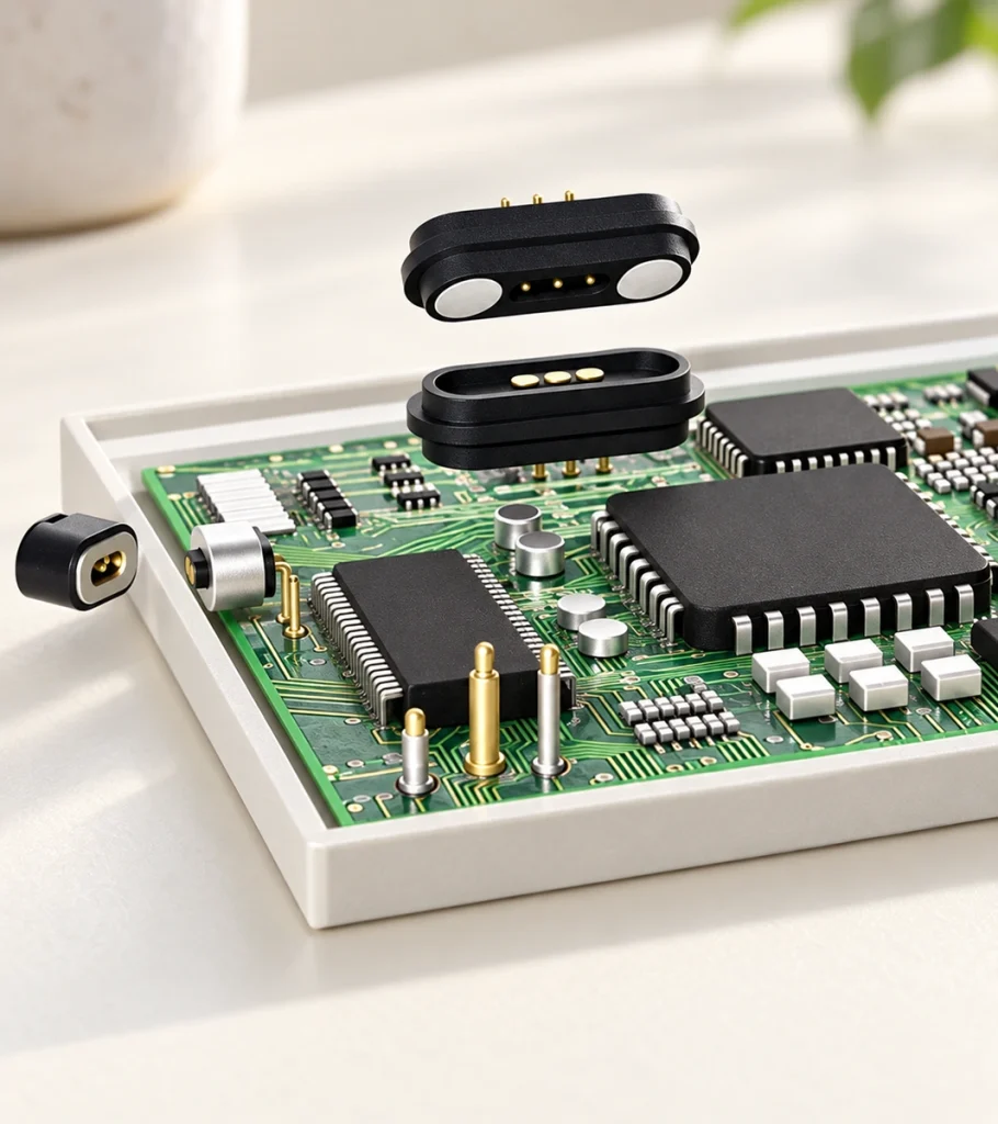 Original three-contact magnetic connector and matching PCB receptacle with discrete pogo pins and a side-mounted interface.