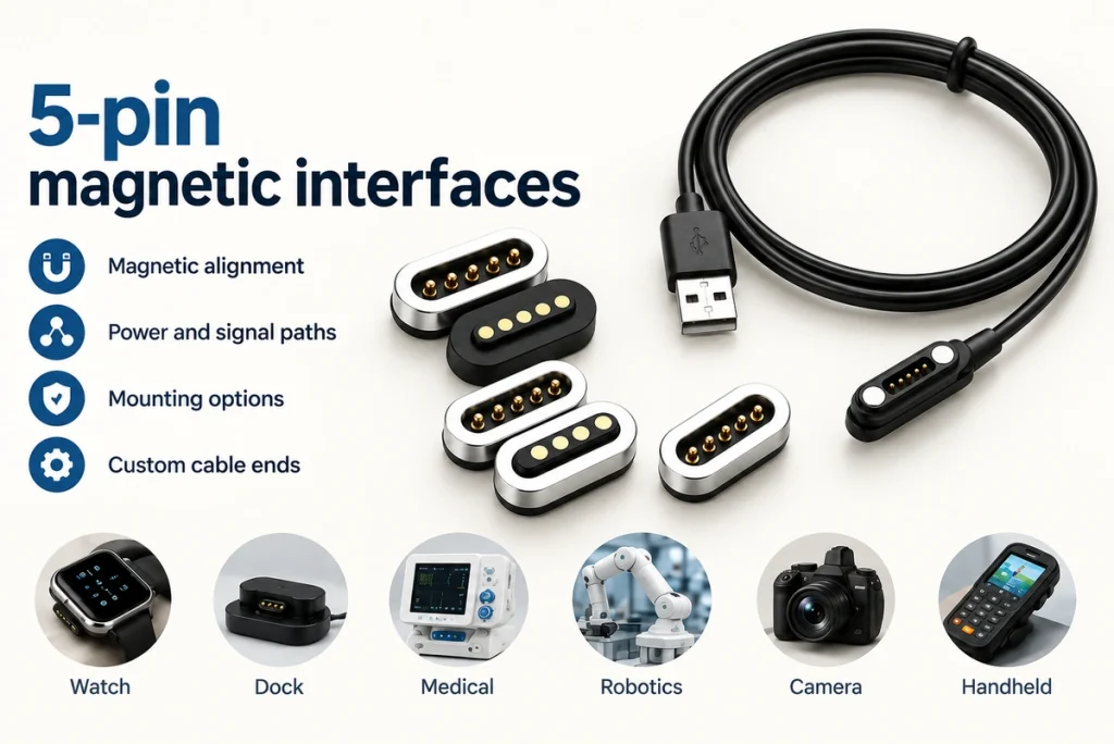 Five-contact oval connector pairs and original USB-A magnetic cable with six application examples.