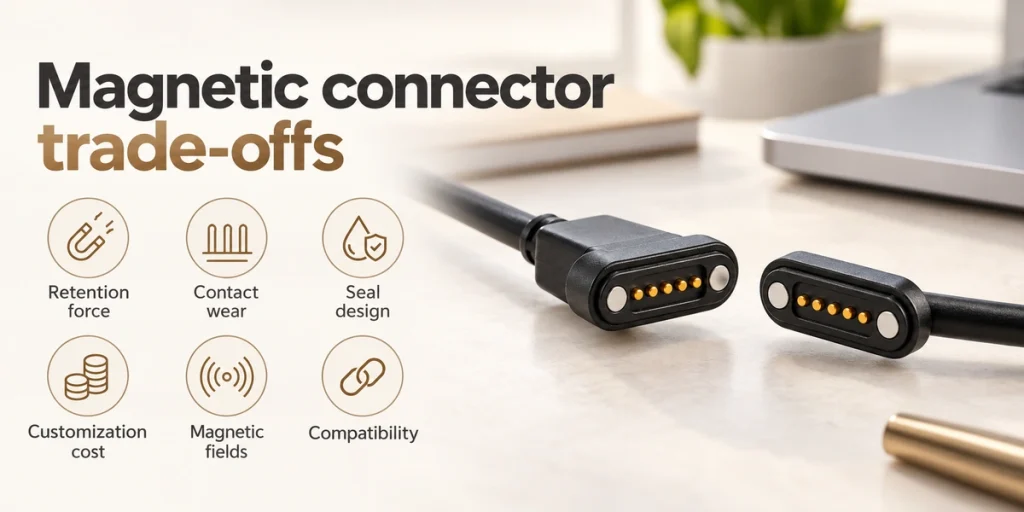 Five-contact magnetic cable heads and six connector design trade-offs.