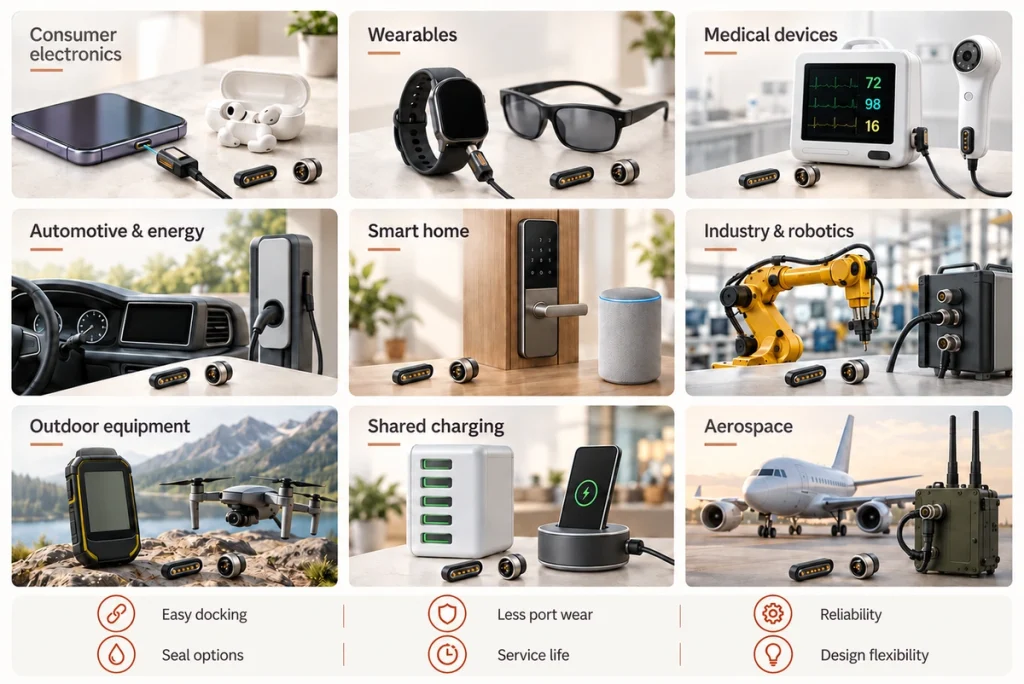 Nine magnetic connector application industries and six connection design considerations.