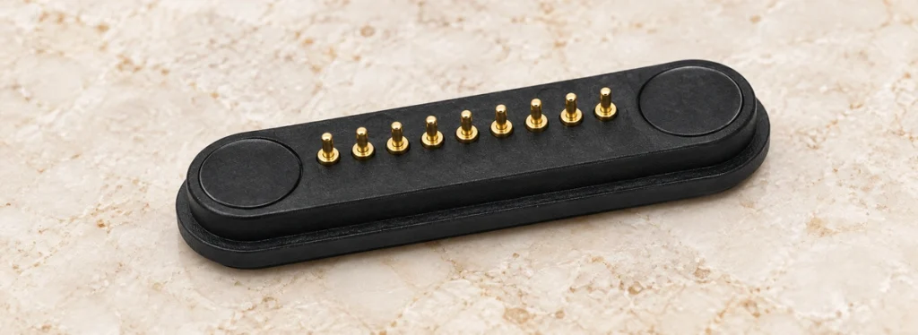 Original oblong connector with nine spring contacts and two dark round end magnets.