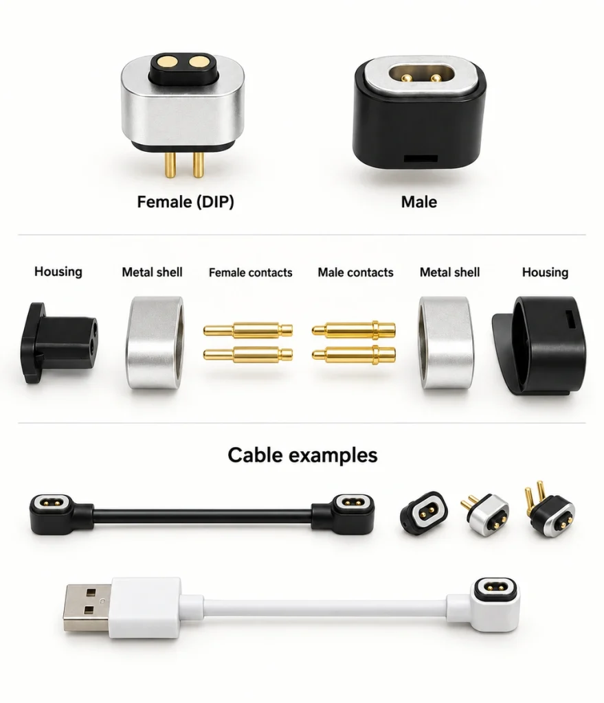 Two-contact magnetic connector structure and original cable examples.