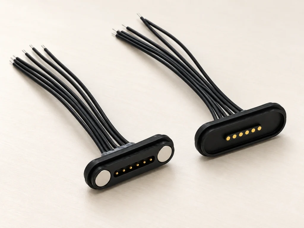 Six-contact magnetic wire harness pair with six separate black leads per connector.