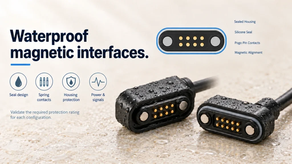 Eight-contact sealed magnetic cable heads with two rows of four contacts and coplanar end magnets.