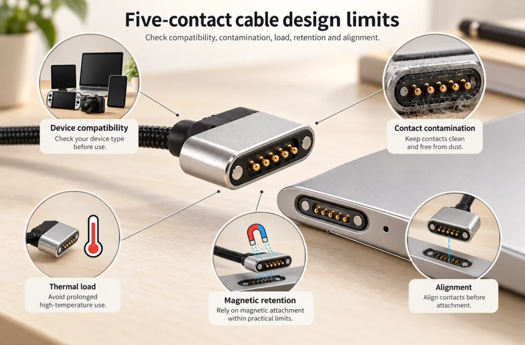 Five-contact magnetic cable compatibility, contamination, thermal load, retention and alignment concepts.