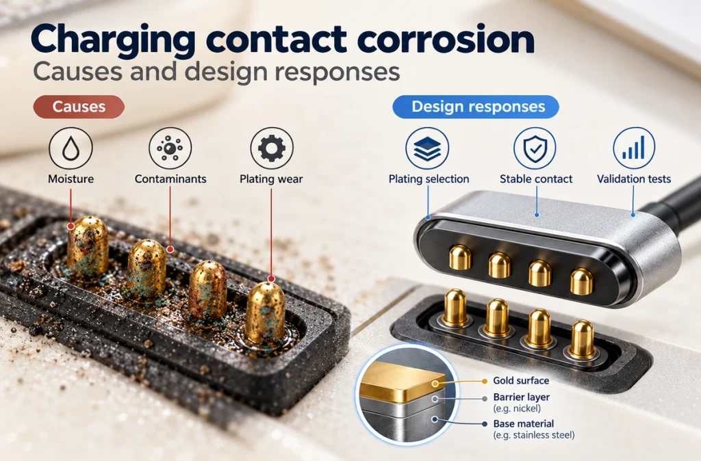 Four-contact charging interface corrosion causes, plating selection and validation concepts.