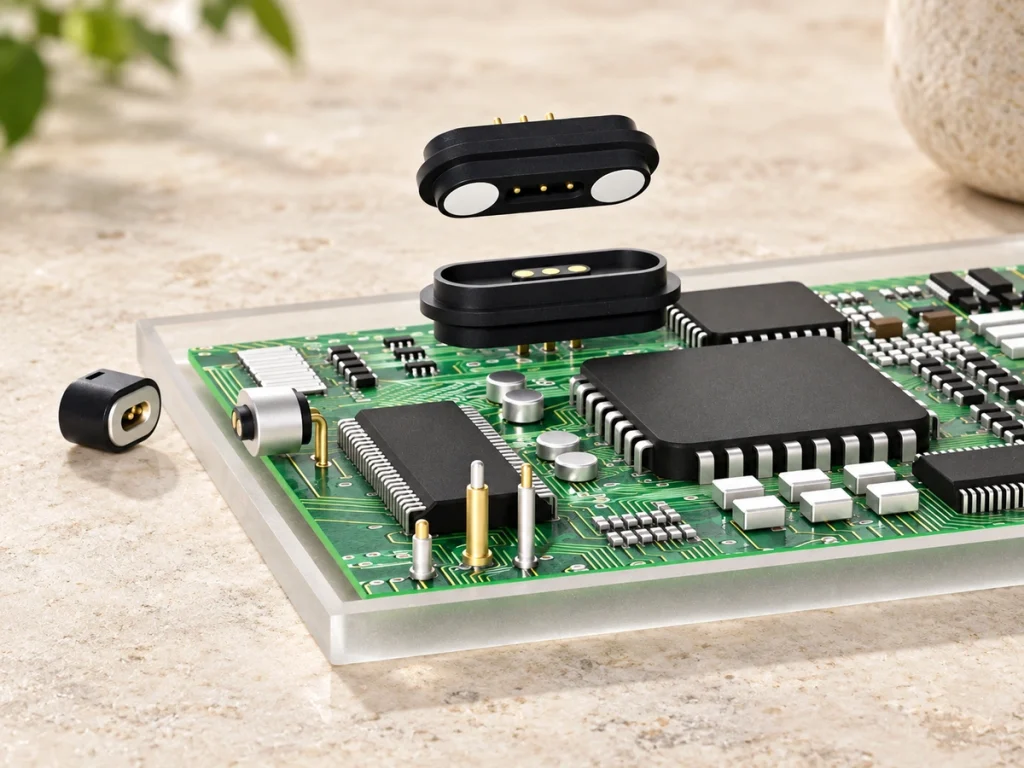 Three-contact magnetic head above a matching PCB interface with discrete spring contacts.
