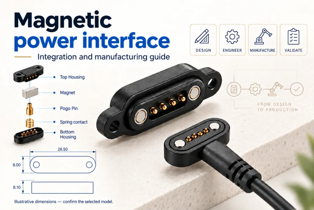 Four-contact magnetic power interface with mounting flange, cable head and illustrative envelope dimensions.