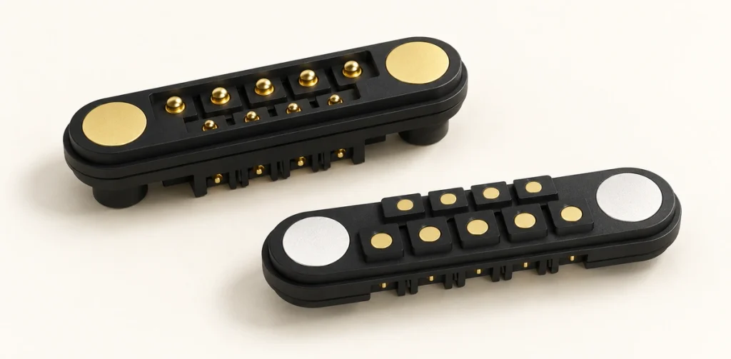Nine-contact staggered two-row magnetic connector pair with five-plus-four contacts and two end discs on each mating face.