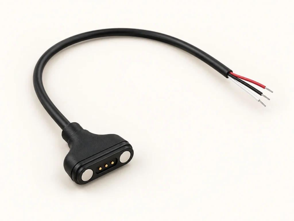 Three-contact T-shaped magnetic cable head with two coplanar end magnets and red, black and white stripped wires.