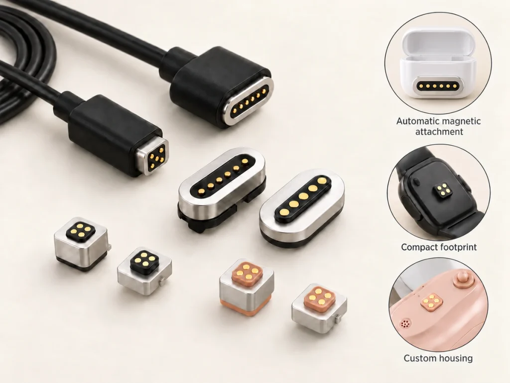 Six-contact oval connectors and cables, compact square contact modules and generic earbud, watch and custom-device application examples.