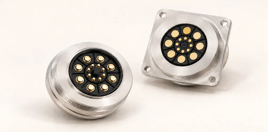 High-current square-flange and round magnetic connectors, each with eight outer and eight inner contacts.