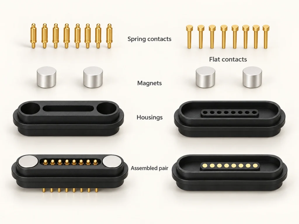 Eight-contact magnetic connector exploded components and assembled male and female housings.