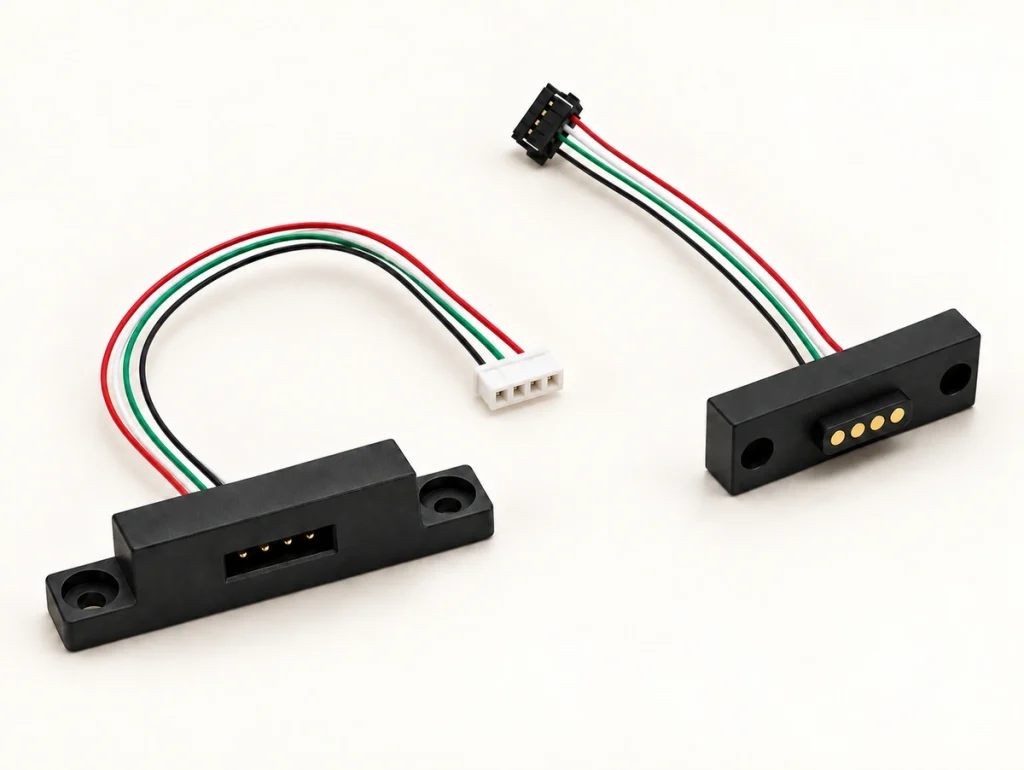 Four-contact rectangular magnetic wire connector pair with four-color wires and single-row four-position harness plugs.