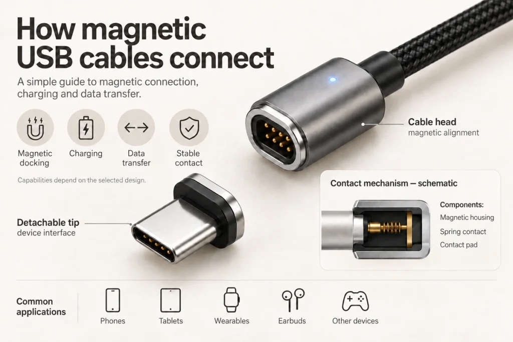 Eight-contact magnetic USB cable head, detachable USB-C tip and single-contact mechanism schematic.