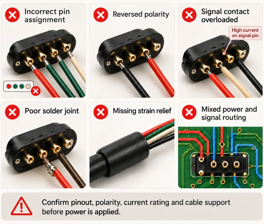 Six wiring risks involving four-contact connectors: assignment, polarity, current, soldering, strain relief and routing.