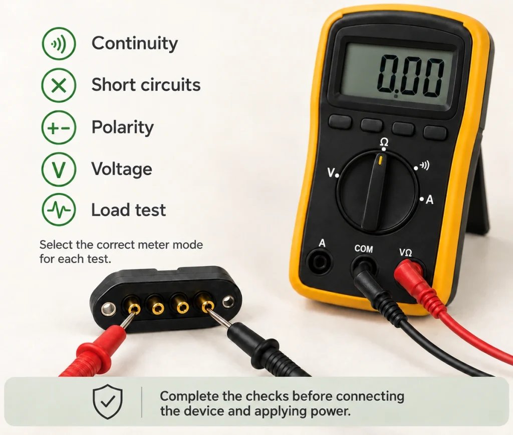Four-contact connector with multimeter and checklist for continuity, short circuits, polarity, voltage and load tests.