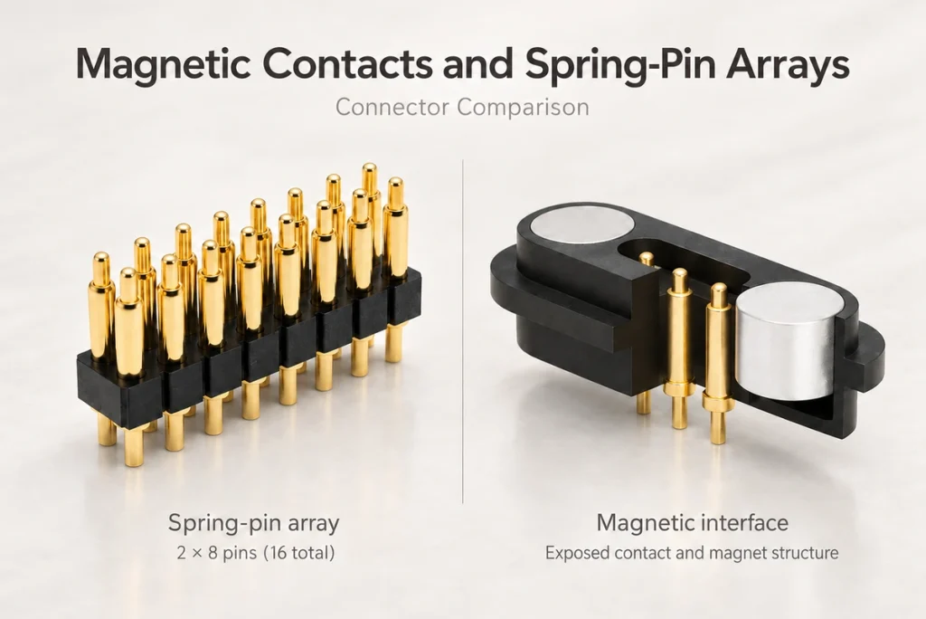 Comparison of a two-row sixteen-pin spring array and cutaway magnetic contact housing.