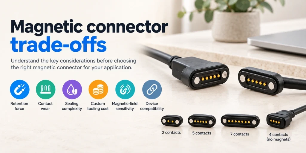 Five-contact magnetic cable heads, two-, five-, seven- and four-contact samples, and six connector trade-offs.