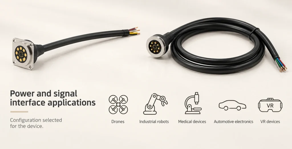 Sixteen-contact square-flange and round cable interfaces with eight outer and eight inner contacts and five application categories.