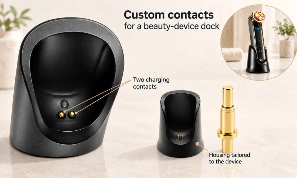 Two-contact beauty-device charging cradles and a stepped gold pogo pin with customized housing considerations.