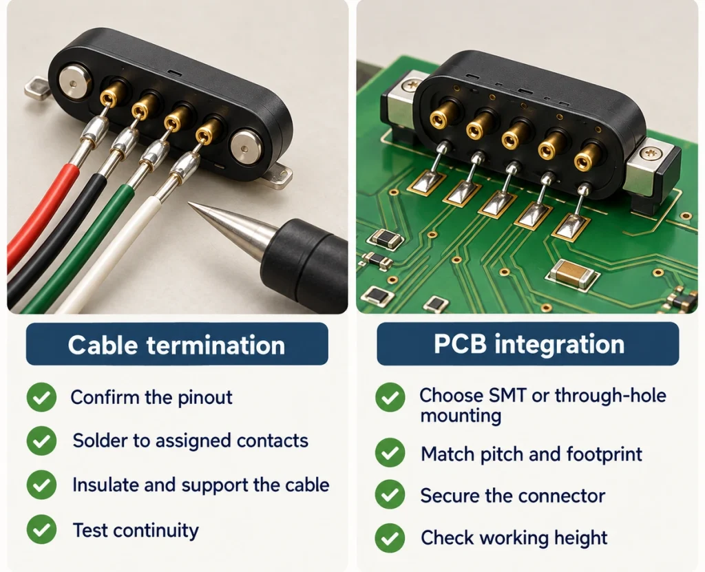 Four-contact cable soldering and five-contact PCB integration examples with termination and mounting checks.