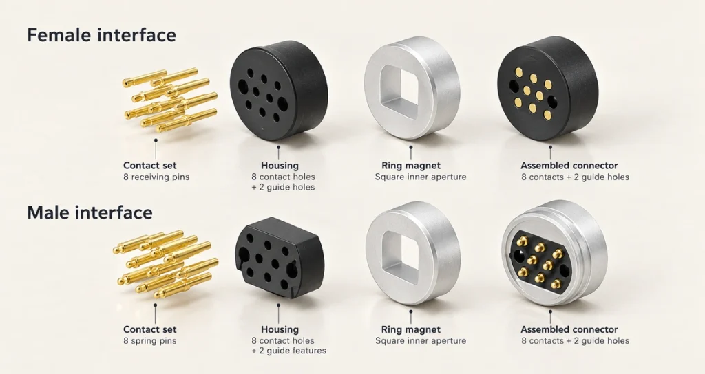Eight-contact female and male connector assemblies with contact sets, housings and ring magnets.