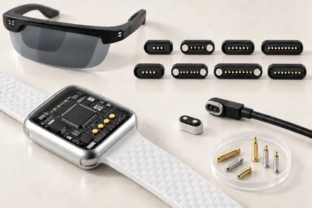 Smartglasses, a wearable device, two-contact charging cable, spring pins and connector samples with three to nine contacts.