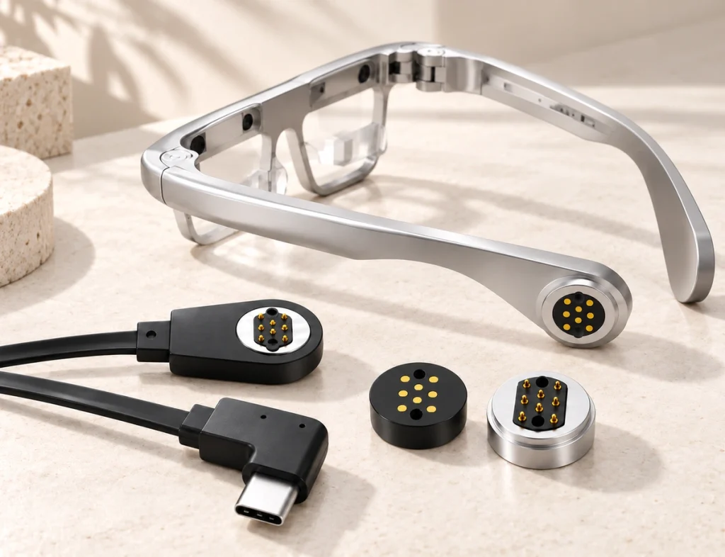 Silver smartglasses and USB-C cable with eight-contact interfaces and two vertical guide holes on every mating face.
