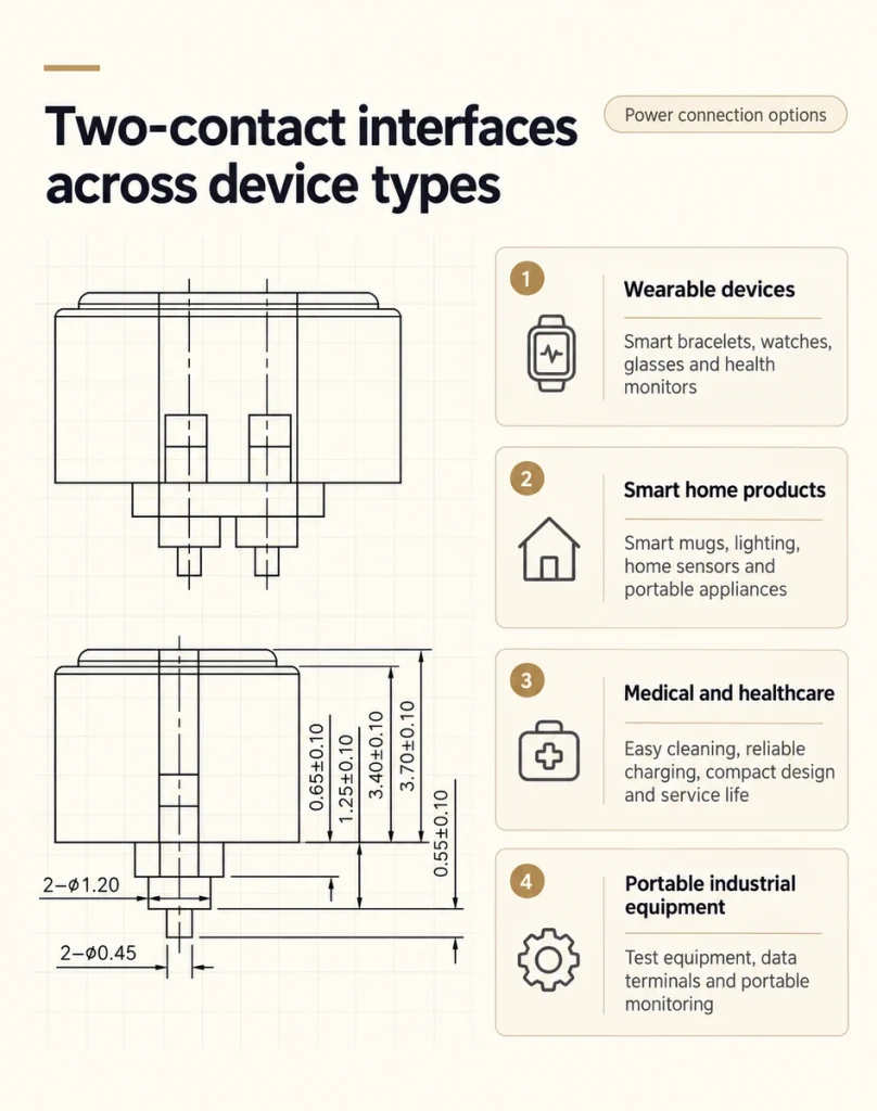 Two-contact interface drawings with original dimensional annotations and wearable, smart home, medical and industrial applications.