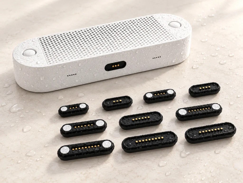 White portable speaker with a three-contact charging interface and ten magnetic connector samples with three to nine contacts.