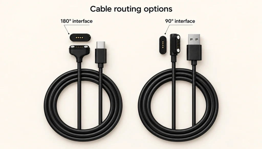 Four-contact magnetic cable routing comparison with USB-C and USB-A plugs, matching receivers and complete cable coils.