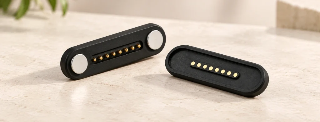 Eight-contact black magnetic connector pair with two silver end magnets and a matching eight-pad receiver.