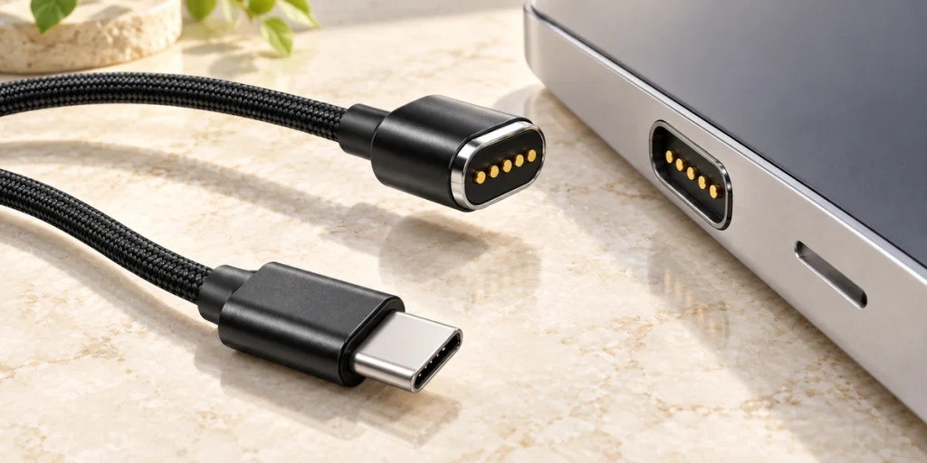 Five-contact braided magnetic cable beside a matching silver laptop interface and USB-C plug.