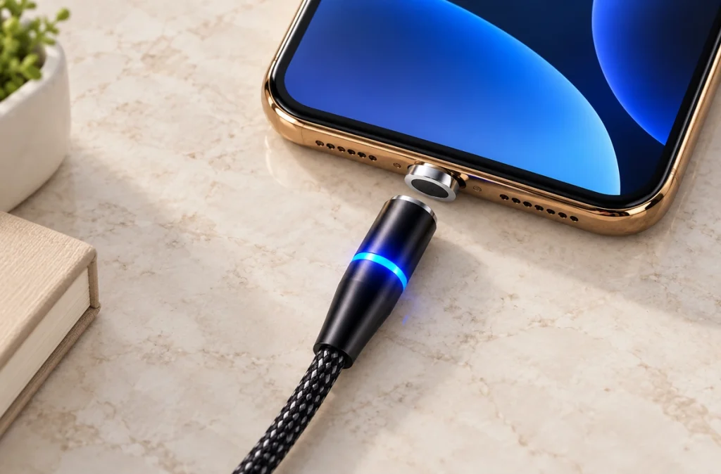 Cylindrical magnetic charging cable with a physical blue indicator band beside a round phone adapter.