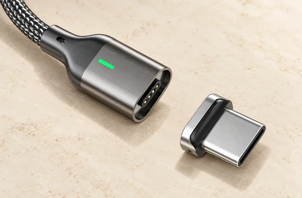 Four-contact metal magnetic USB-C cable head with a green indicator beside its detachable USB-C adapter.