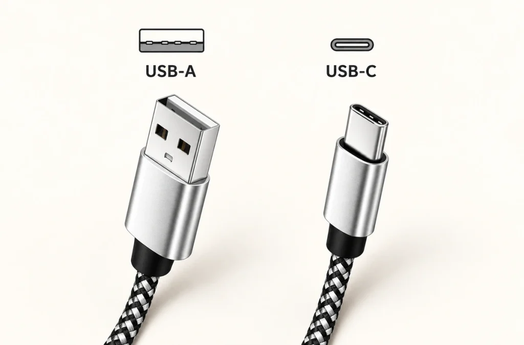 USB-A and USB-C braided cable plugs with clear front-profile diagrams.