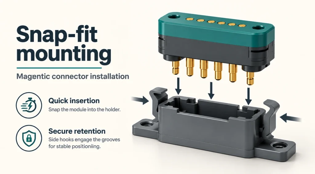 Six-contact magnetic connector and snap-fit holder showing insertion and locking directions.