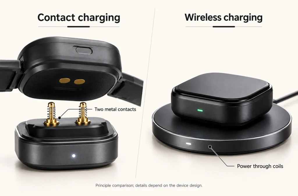 Two-contact spring-pin charging compared with a wireless charging disk.