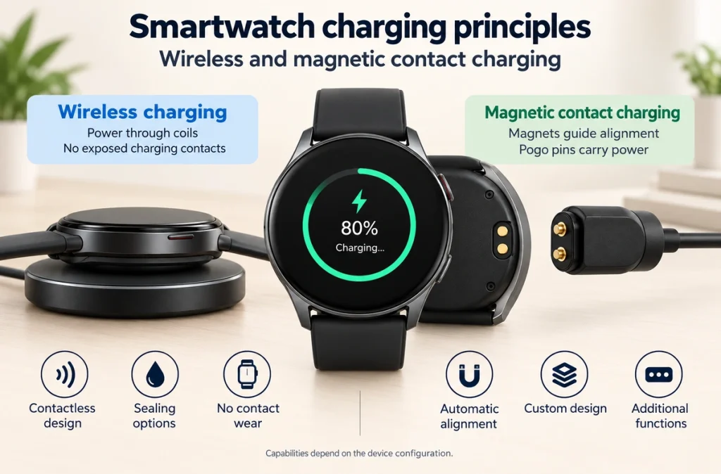 Smartwatch wireless and two-contact magnetic charging principles with device design considerations.