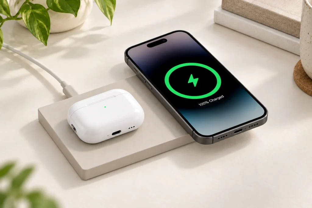 Smartphone and white earbud case on a flat rectangular charging platform.