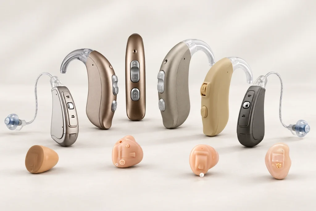 Six hearing aid housings with transparent hooks or wired speaker tips and four small in-ear shells.