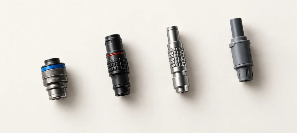 Four cylindrical connector housings with stepped and knurled exterior profiles.